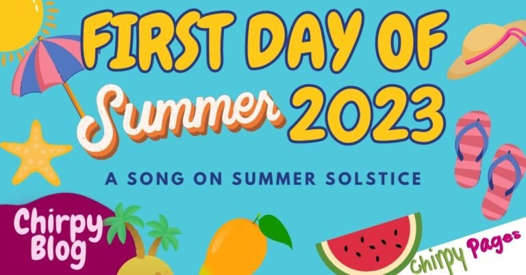 header for a song and an informative article about first day of summer 2023 showing summer fruits, sun and other clipars