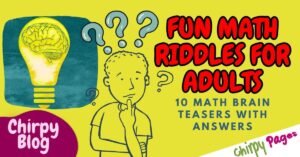 text saying math riddles for adults with question marks in the background and a guy thinking