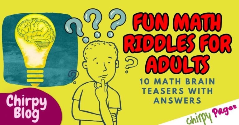 text saying math riddles for adults with question marks in the background and a guy thinking