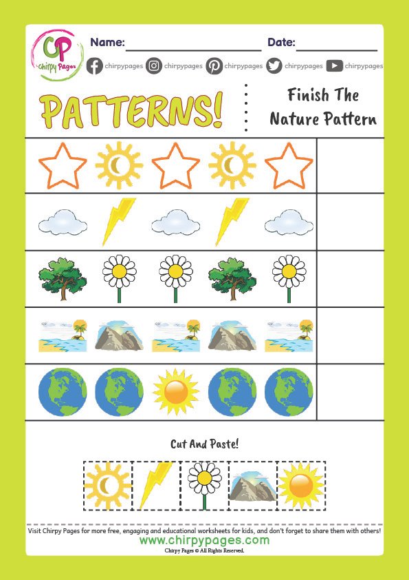 a printable pattern worksheet for preschool kids that introduces patterns and sequencing. this one includes objects related to nature like stars, sun, clouds, trees, weather etc, mountains etc