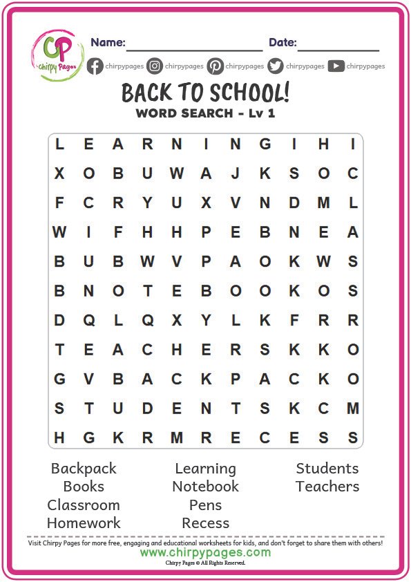 back to school word search puzzle easy grade 1 grade 2