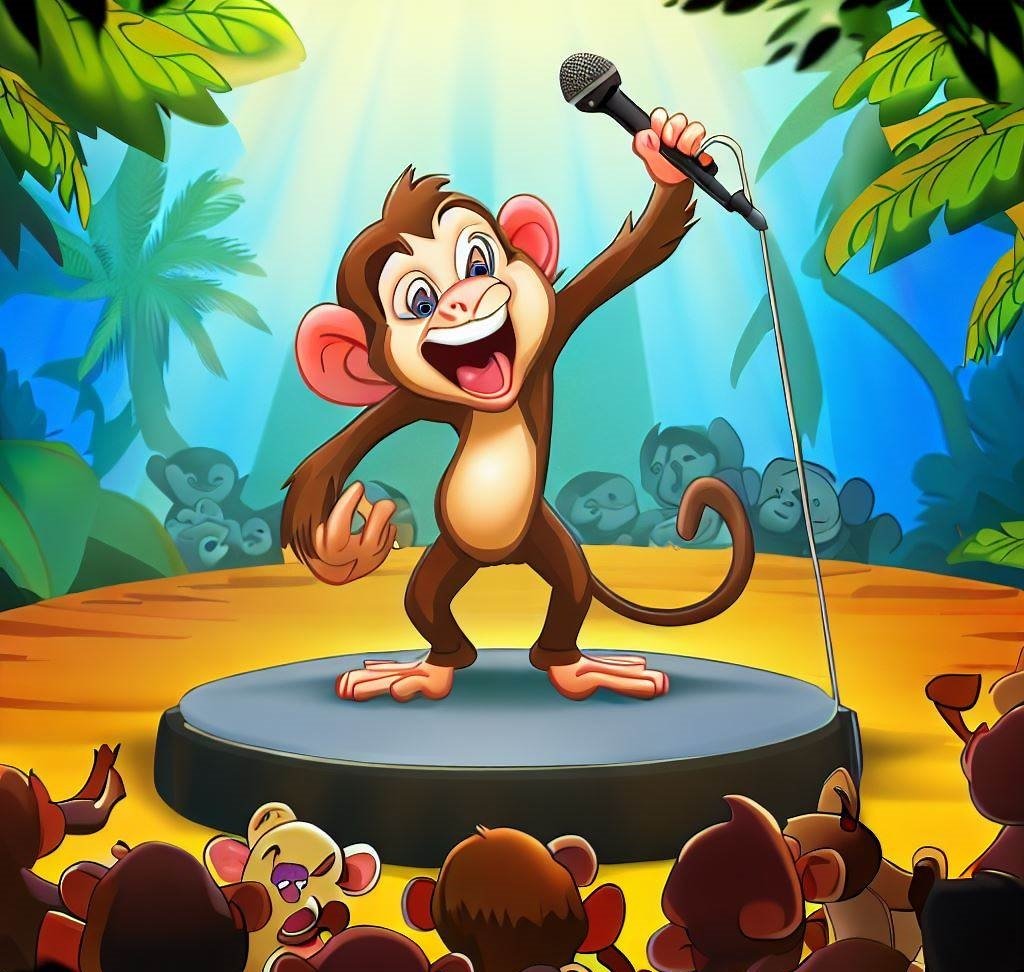 monkey on the mic performing, singing, speaking jungle cartoon