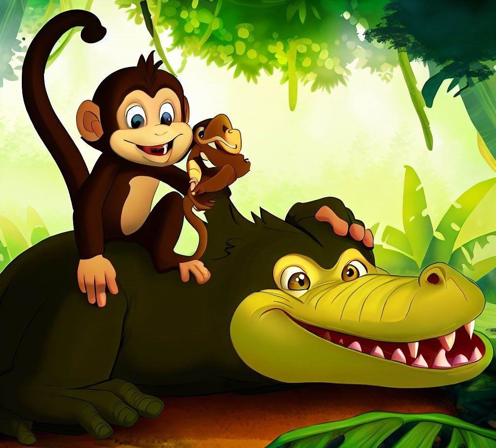 monkey sitting on a crocodile, happy smiling fun forest setting, cartoon 