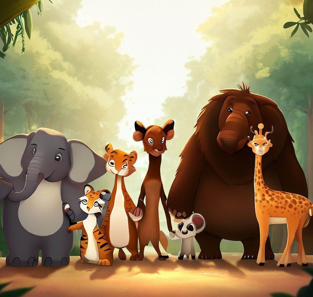 elephant, bear, giraffe, tiger and other animas stand together as show of unity, cartoon style, forest background