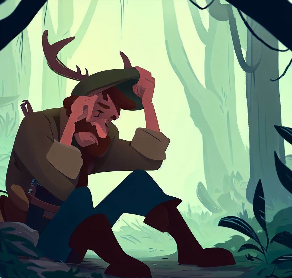 poacher sitting sad, forest setting, cartoon