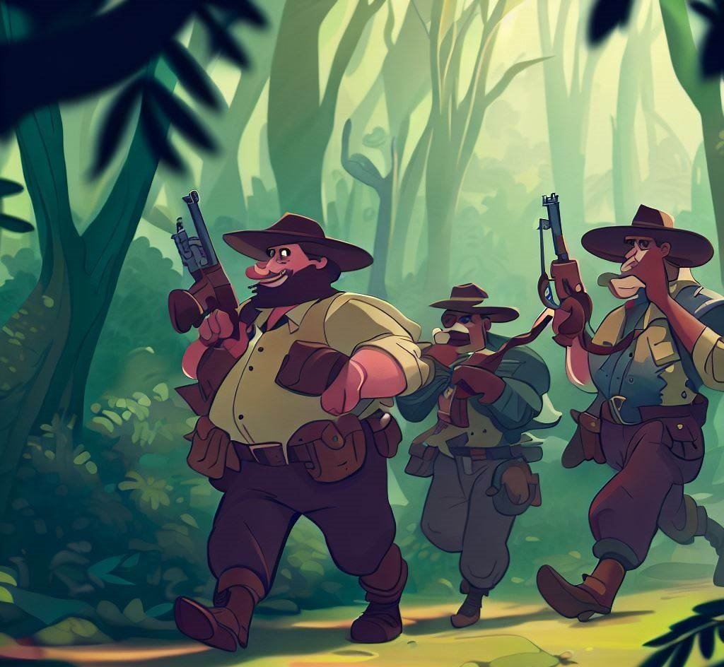 poachers hunting with guns in forest, cartoon style