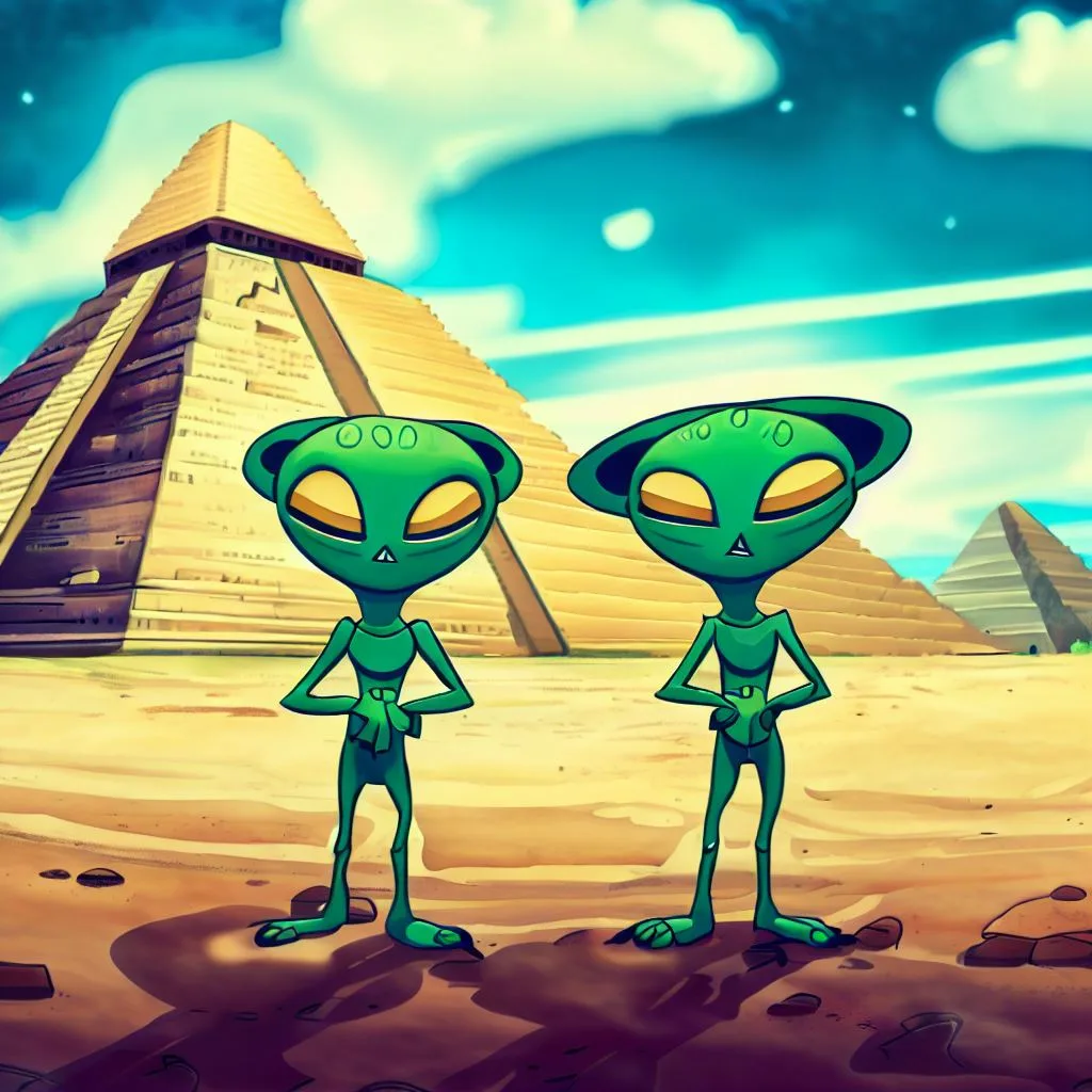aliens in mexico standing, Pyramids of Teotihuacan in background, cartoon