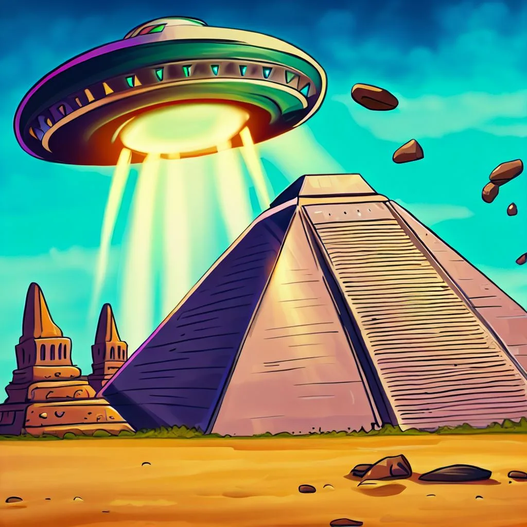 ufo flying, cartoon, aliens in mexico trapped, Pyramids of Teotihuacan in background