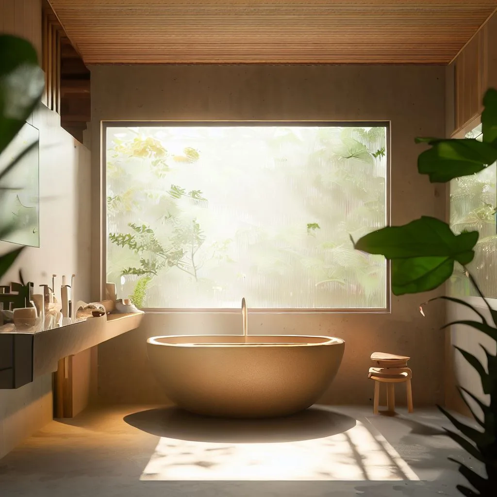 interior design shot of wabi sabi and japandi bathroom bright sunlight glass window