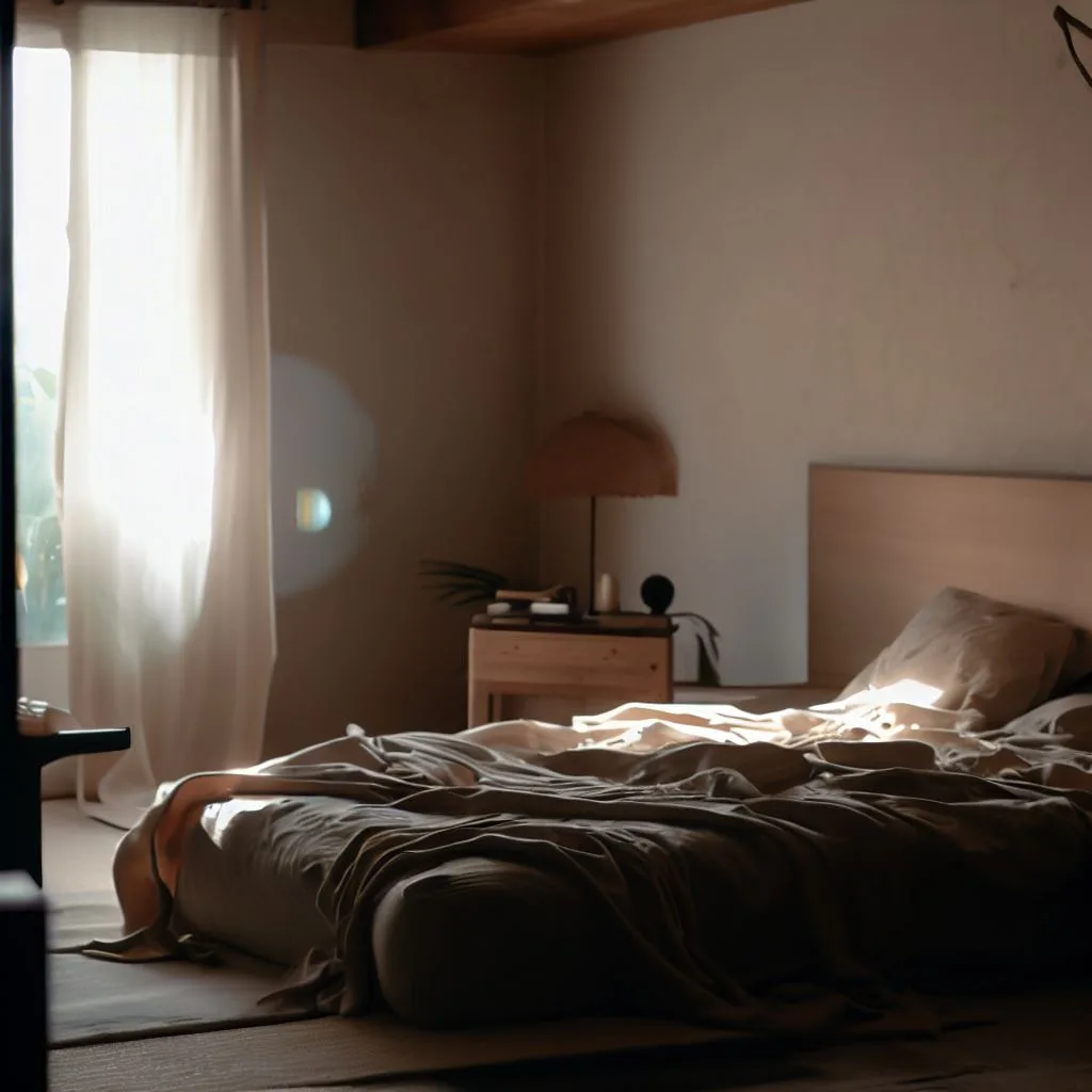 interior design shot of wabi sabi and japandi bedroom sunlight glass window, bed not made