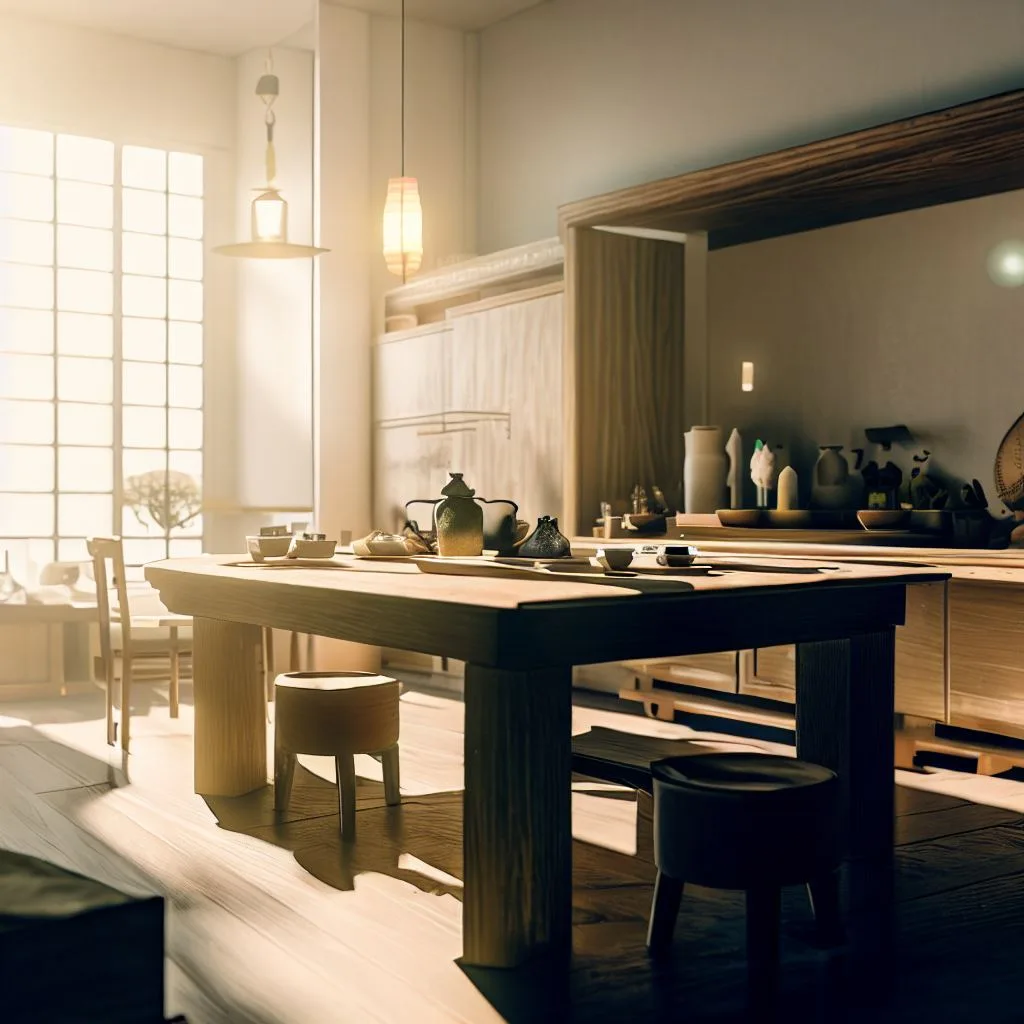 interior design shot of wabi sabi and japandi kitchen with big wooden dining table , bright sunlight glass window, sunrays, nature