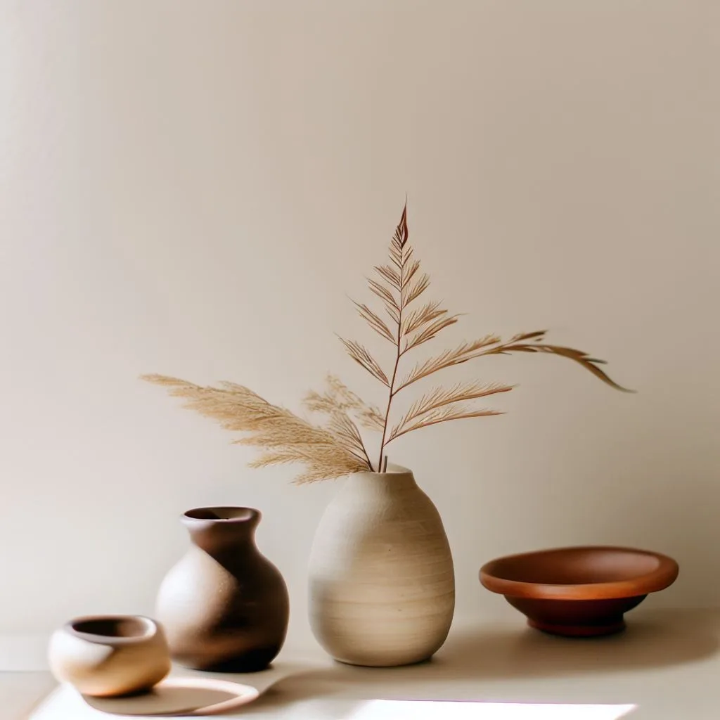 interior home natural decor, pots, plants, brown leaves, bright sunlight glass window, sunrays, nature