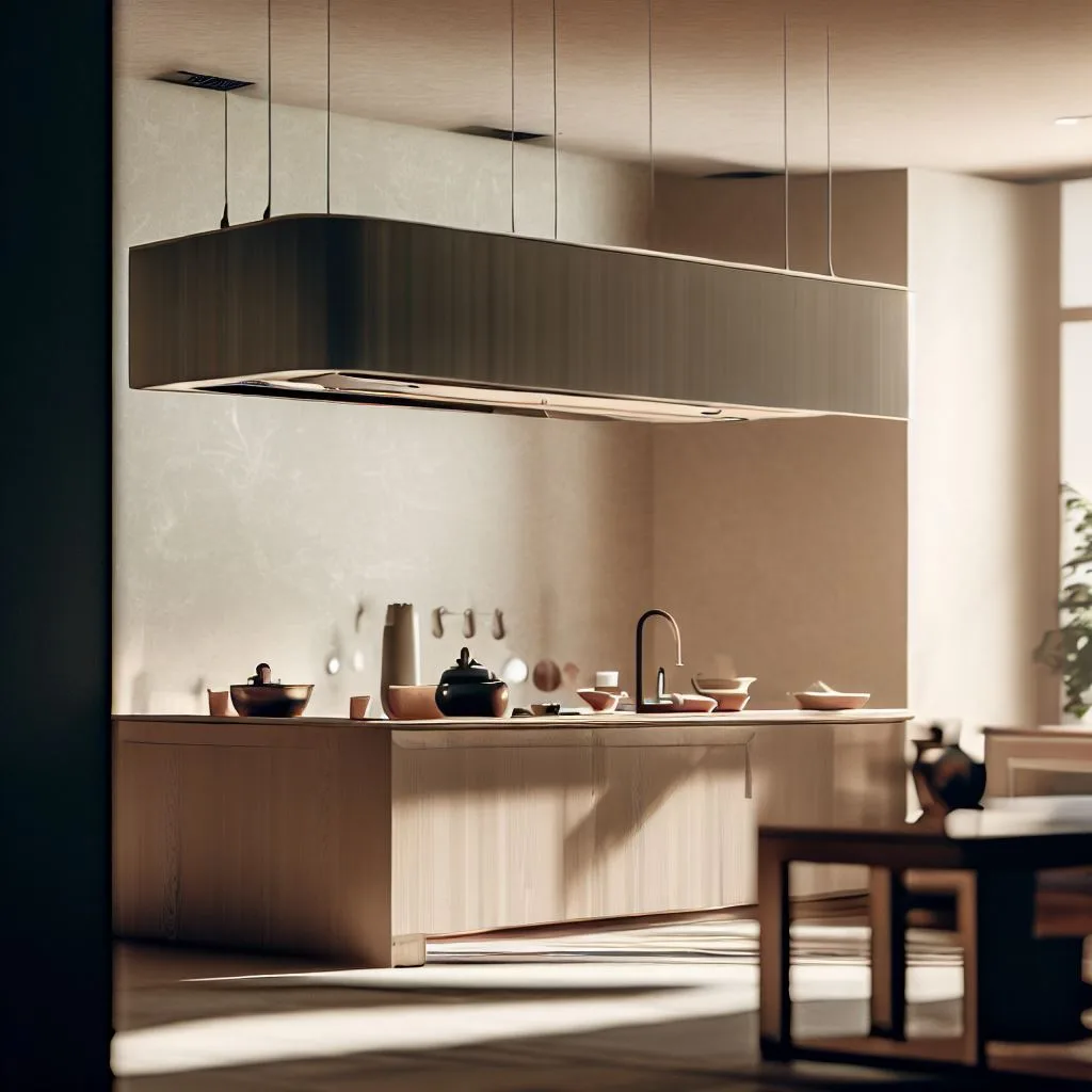 interior design shot of a minimalist kitchen with , bright sunrays glass window, sunrays, nature