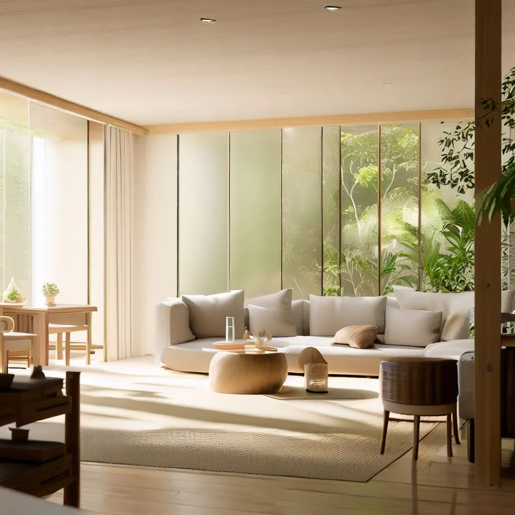 interior design shot of wabi sabi and japandi living room with big sofa and a rug, bright sunlight glass window, sunrays, nature