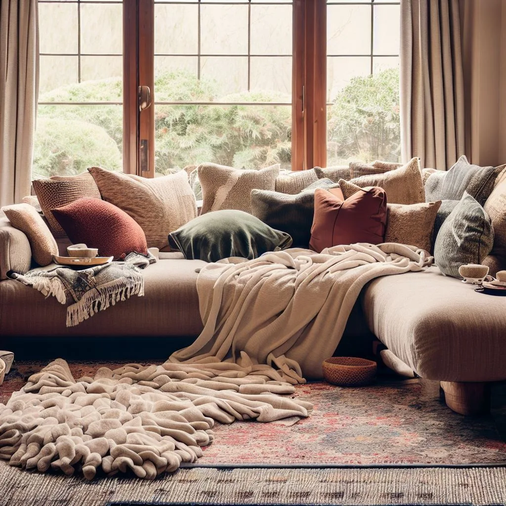 interior design shot of living room with cluttered mess, large rug, pillows , bright sunlight glass window, sunrays, nature