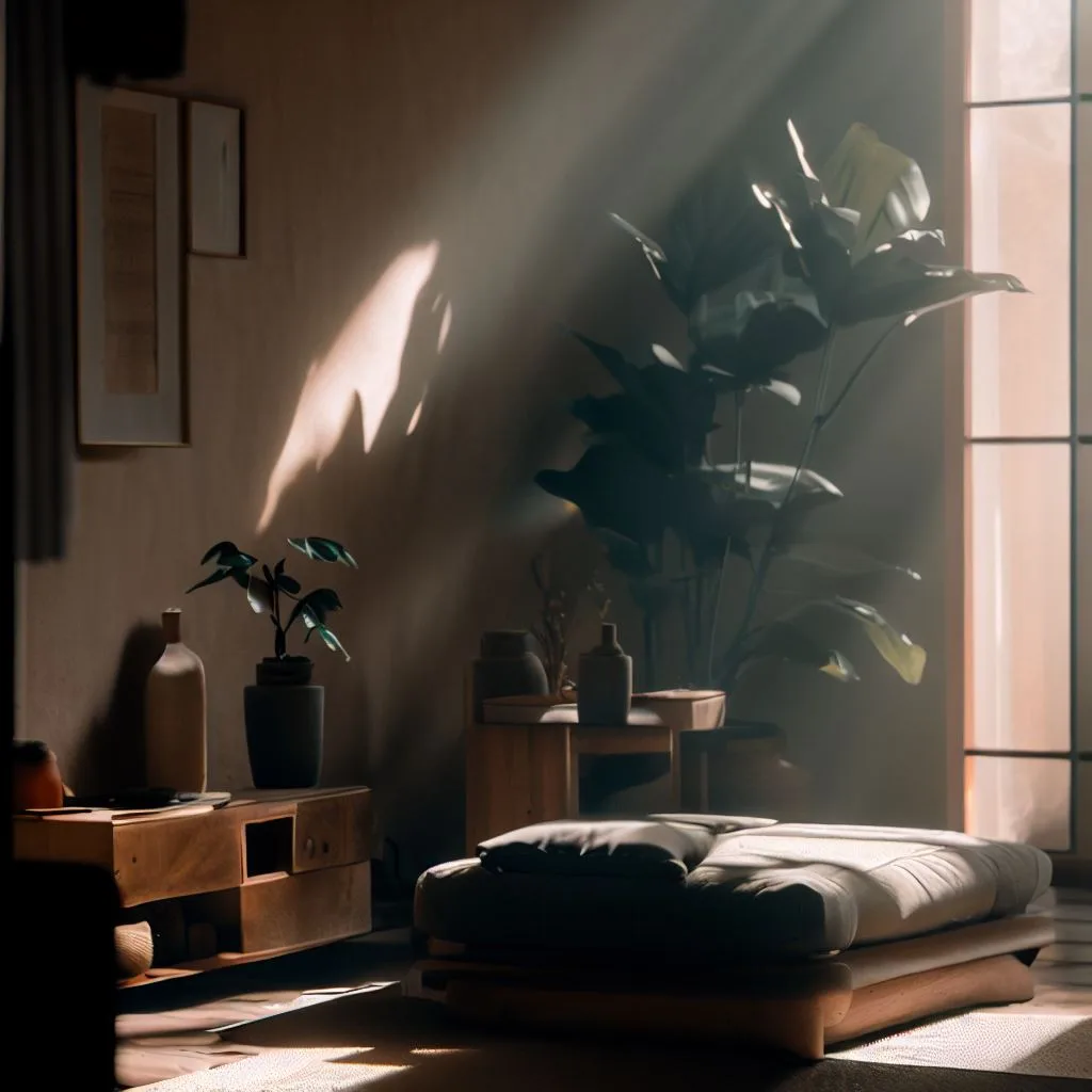 dark living room, plants, interior design, simple, sunrays