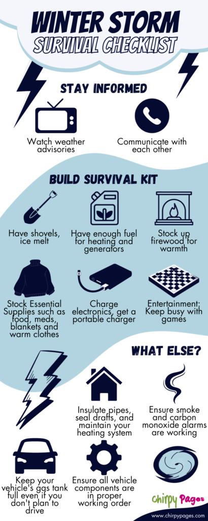 how to prepare for winter storm survival checklist infographic with tips about surviving winter storm. it has information about keeping your house safe, vehicle ready and maintained, what tools to keep, fueling up supplies, heater, generator, keeping your car gas filled up, keeping a shovel