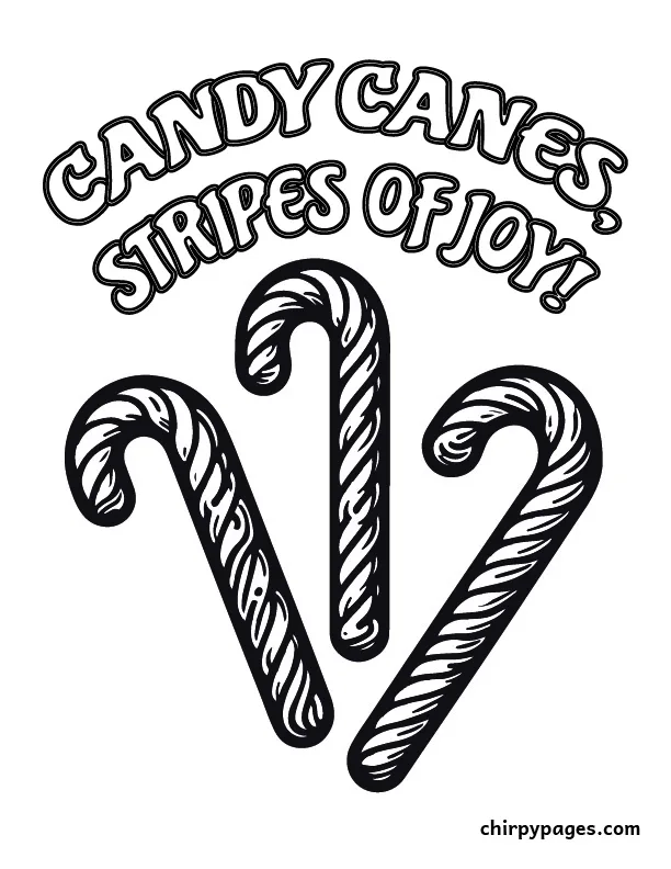 coloring page of 3 candy canes, for kids, bold outlines, candies , title is candy canes stripes of joy