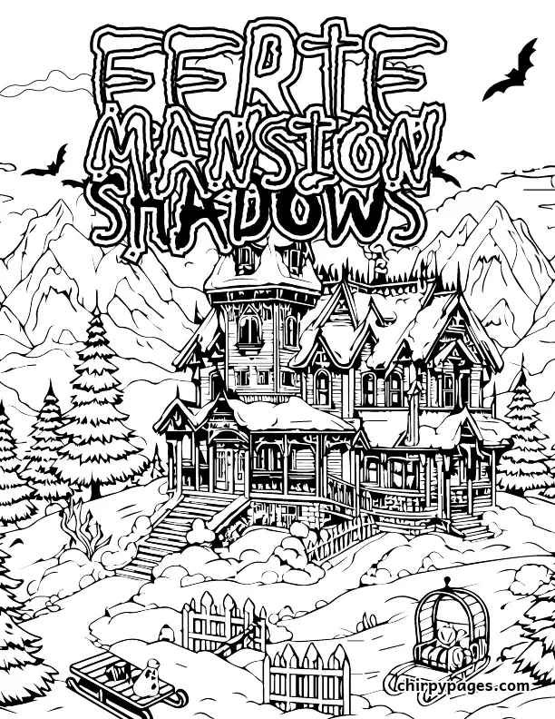 Eerie Mansion Shadows - Haunted Mansion in isolation covered in snow, sled, trees , mountains, large haunted house - Free Printable Adult Winter Coloring Sheets