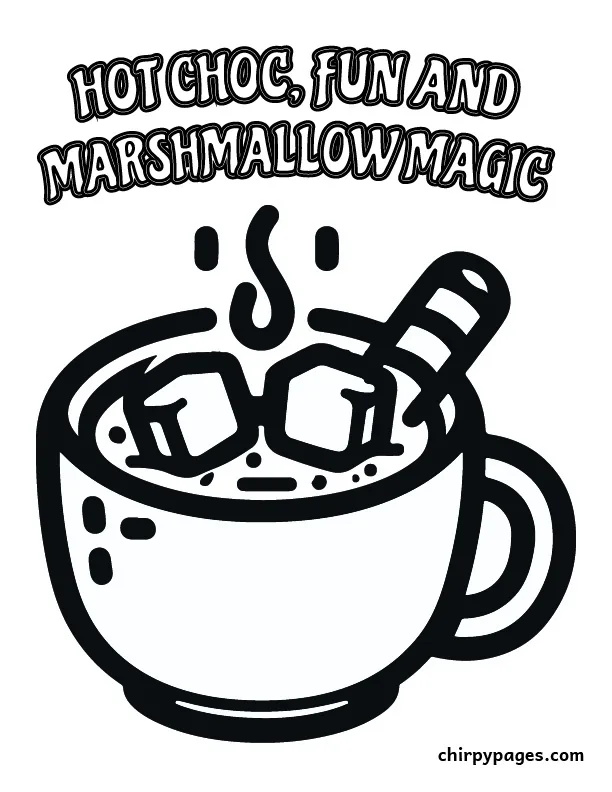 coloring page of a cup of hot chocolate with marshmallows, for kids, bold outlines, smoke coming out of the cup , title is apple pie paradise