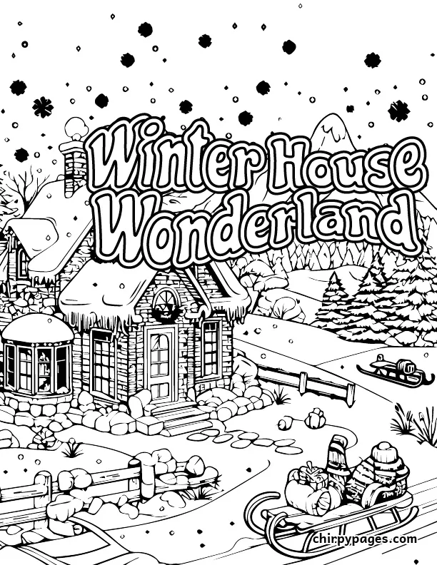 large cottage house covered in snow, sled outside, mountains, snowfall black and white coloring page, Winter House Wonderland - Free Printable Adult Winter Coloring Sheets