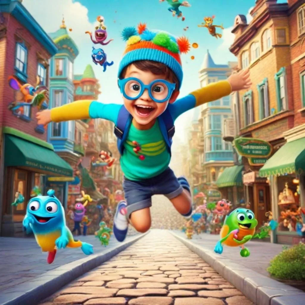 stu pid stu and pids story image with colorful tiny creatures jumping, nerdy kid laughing and flying , colorful town in background