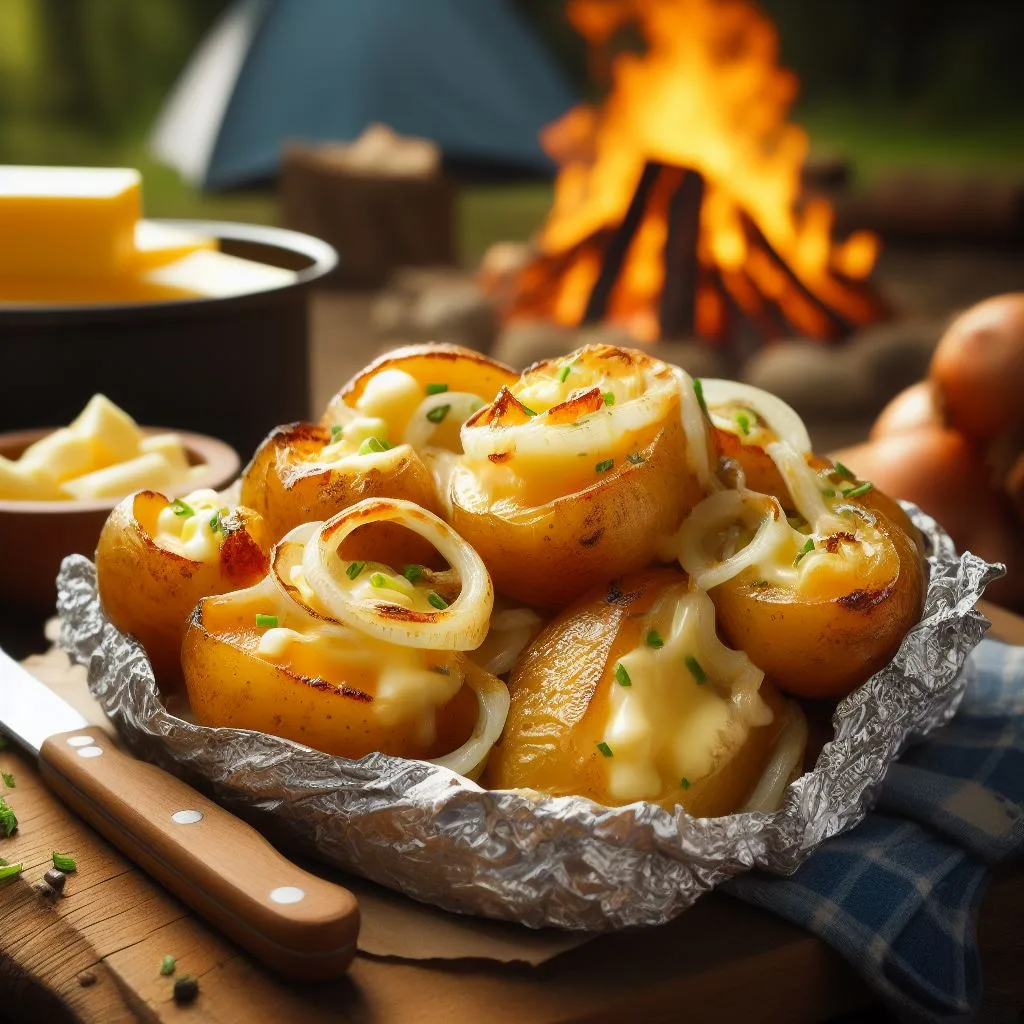 Cheesy Potato Foil Packets with onion toppings with a campfire in woods , butter slice in background , knife on table beside aluminum foil holding cheesy potatoes