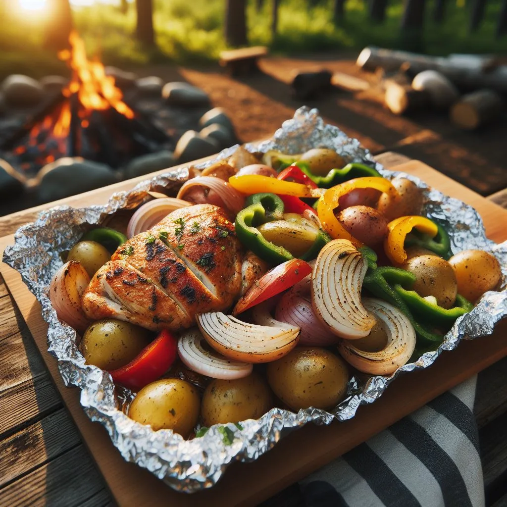 Chicken and Veggie Foil Packets in aluminum foil grilled beside a campfire . onion, bell peppers , potatoes and chicken on the foil . natural setting in woods / forest , wooden table - one more for easy camping food recipes