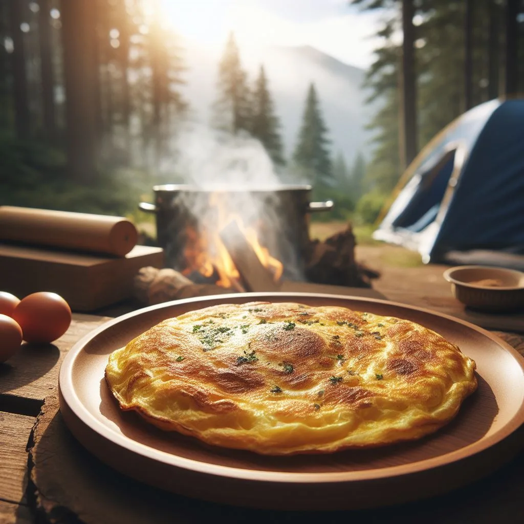 Filling Omelette near campfire and camp in woods during camping. camping breakfast with eggs and vegies , sunlight in forest to add to easy camping food recipes for breakfast 