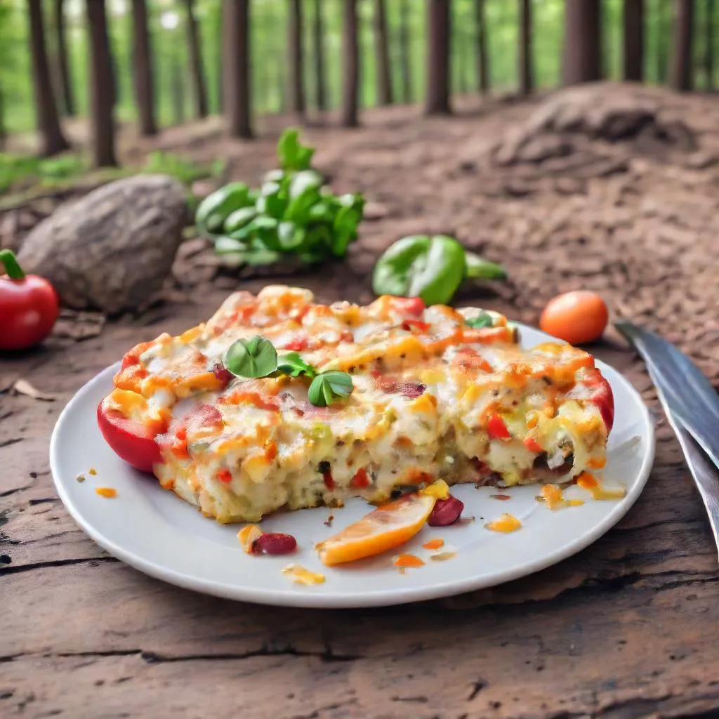 Pepper and Onion Frittata in woods during camping, daylight in forest, vegies on the plate including bell peppers, cheesy frittata