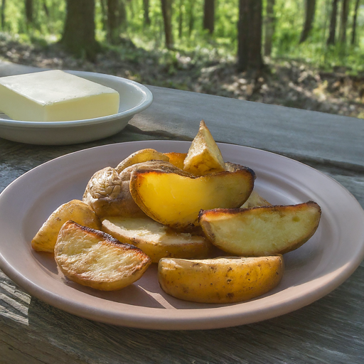 grilled potato wedges in a woods/ forest setting . on plate on a wooden table, daylight , butter beside the wedges