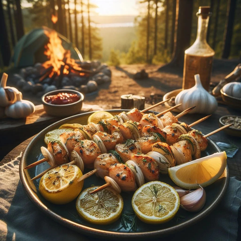 Lemon Garlic Chicken Skewers in a forest setting beside camp and campfire , lemon slices, onion cloves etc on the plate, skewers with chicken and vegies , food in daylight