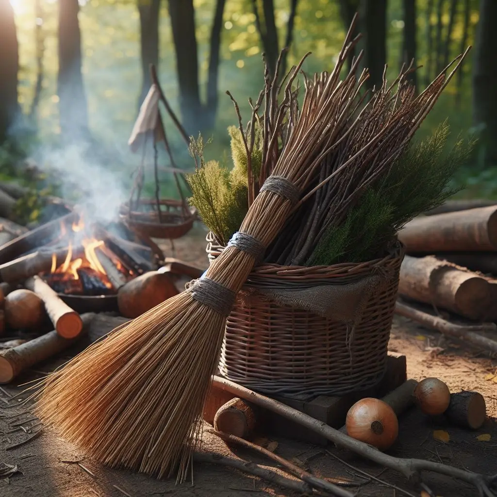 camp cleaning hacks using natural broom made of twigs, campsite in forest, daylight