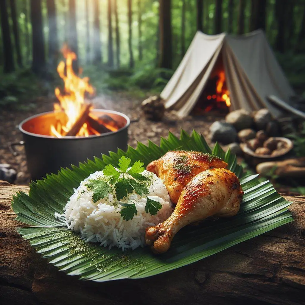 sustainable camping hacks food served on leaves for nature friendly camping experience, chicken and rice served on leaves