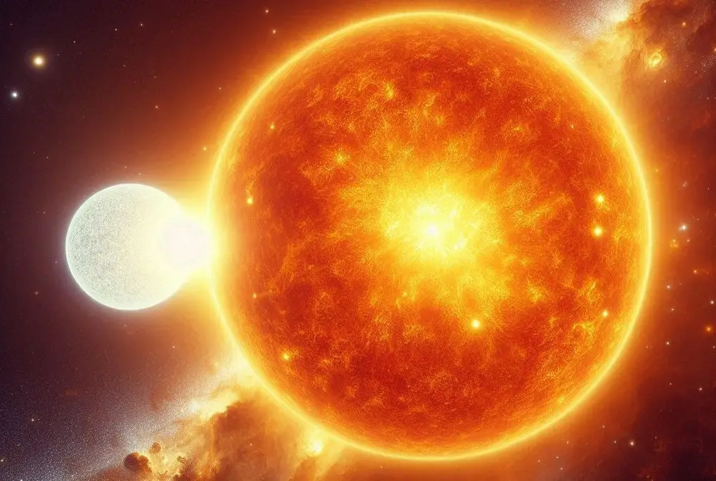 Blaze star - t coronae borealis artist depiction - large red giant star with a white dwarf star - nova explosion