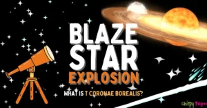 blaze star explosion article header. blaze star image with cliparts of telescope, stars and more. what is t coronae borealis? what is blaze star? guide for dummies header