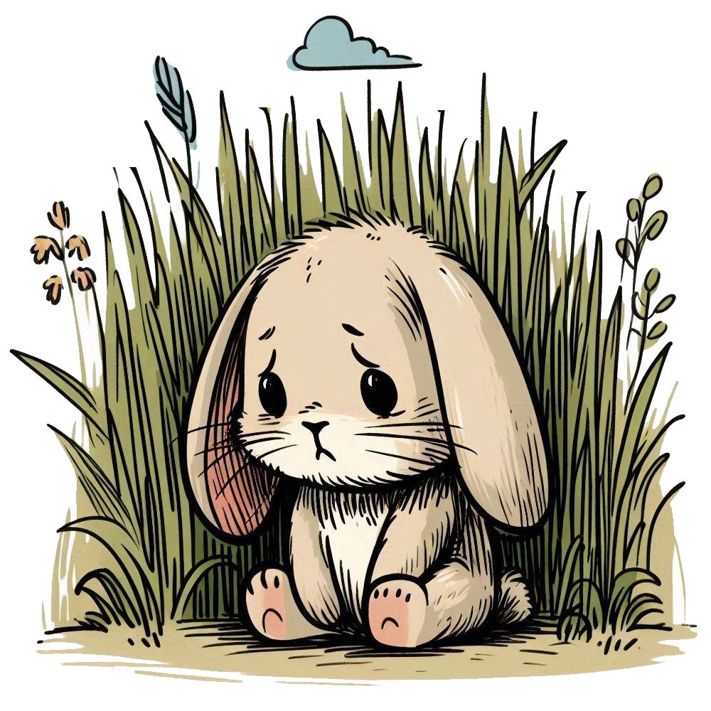 sad rabbit sitting surrounded by long grass - binky rabbit story clipart