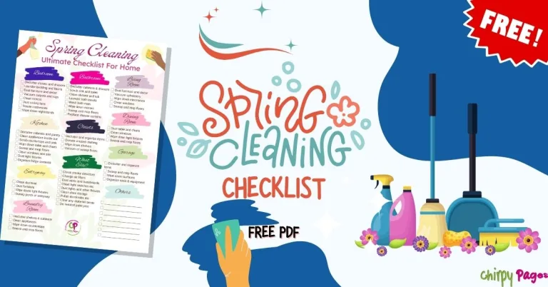 spring cleaning checklist for house with different pointers , free printable pdf , bedroom cleaning, kitchen cleaning, dining room, garage, bathroom, living room and more . easy , print and go , a4 and letter size pdf of this spring house cleaning checklist